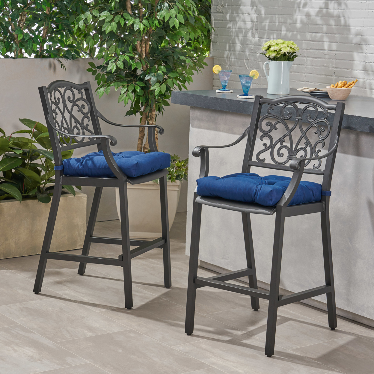 Frances Outdoor Barstool With Cushion (Set Of 2) Antique Matte Black And Charcoal - Antique Matte Black + Tuscany