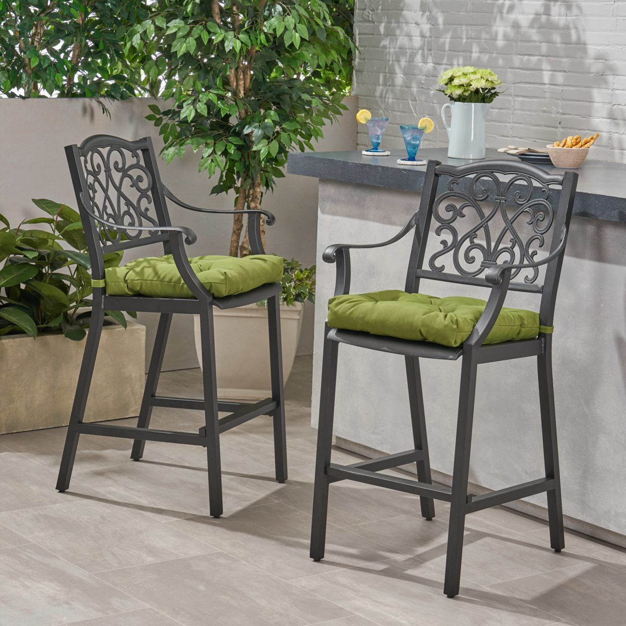Frances Outdoor Barstool With Cushion (Set Of 2) Antique Matte Black And Charcoal - Antique Matte Black + Charcoal