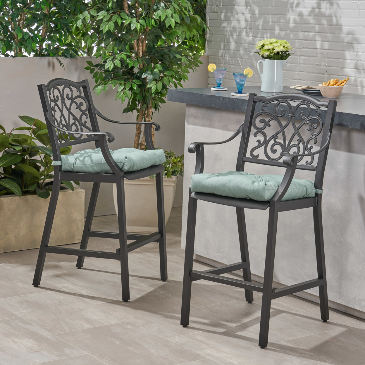Frances Outdoor Barstool With Cushion (Set Of 2) Antique Matte Black And Charcoal - Antique Matte Black + Teal