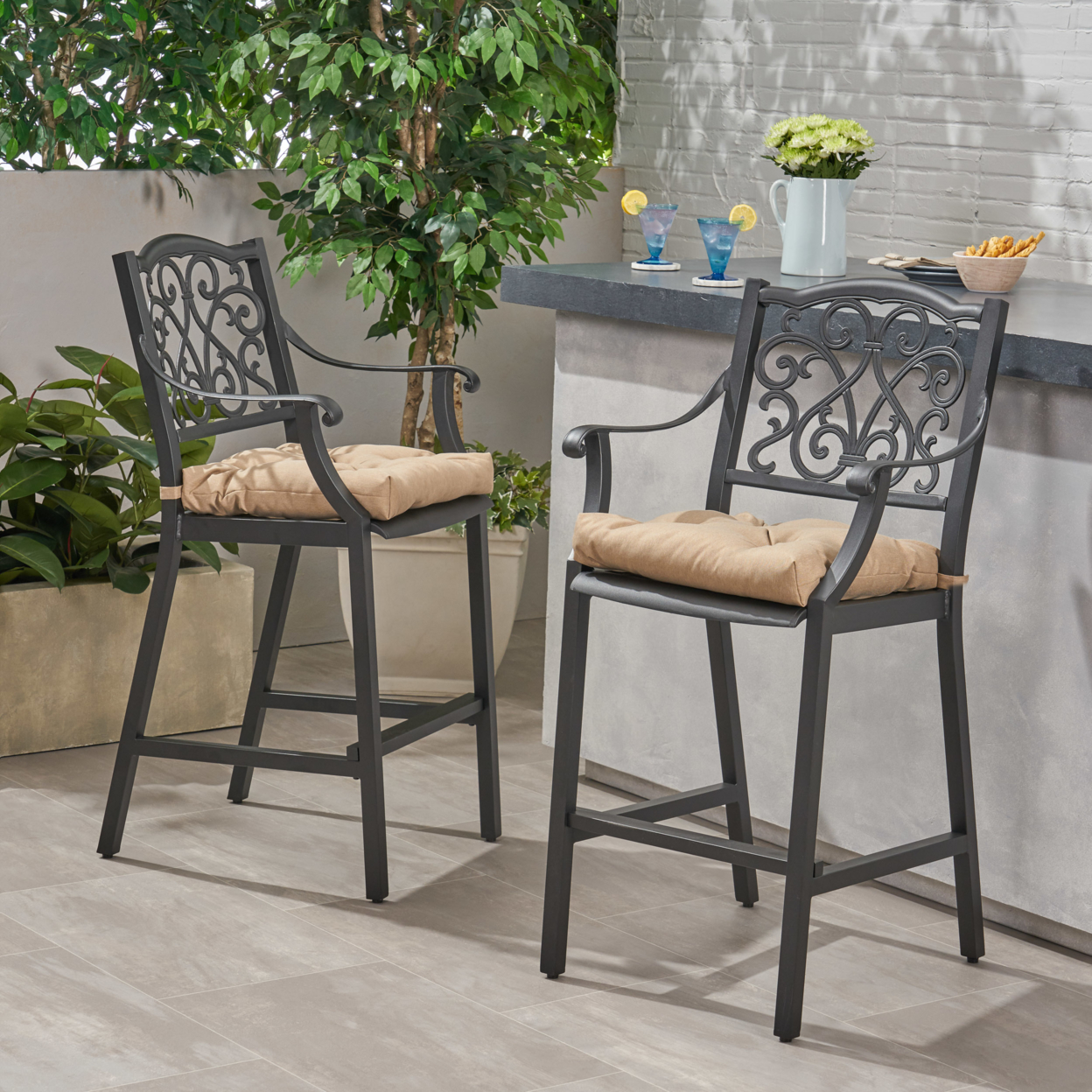 Frances Outdoor Barstool With Cushion (Set Of 2) Antique Matte Black And Charcoal - Antique Matte Black + Tuscany