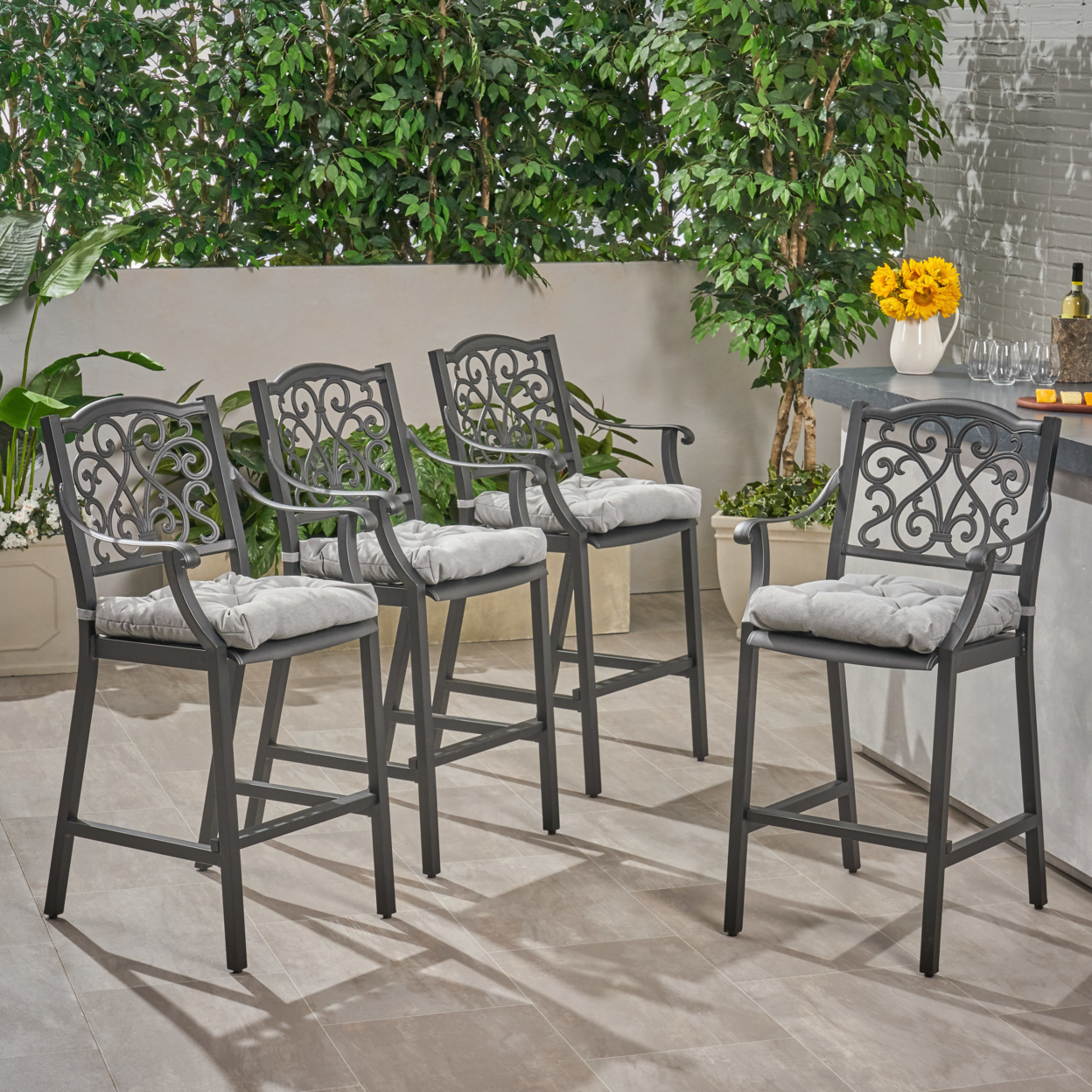Gwendolyn Outdoor Barstool With Cushion (Set Of 4) Antique Matte Black And Charcoal - Antique Matte Black + Charcoal