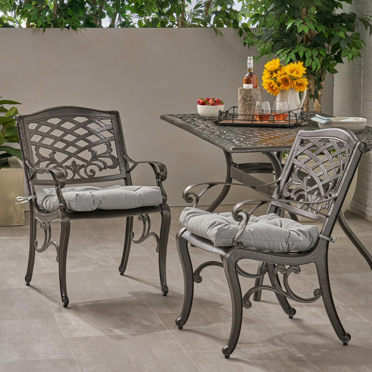 Laura Outdoor Dining Chair With Cushion (Set Of 2) - Hammered Bronze + Charcoal