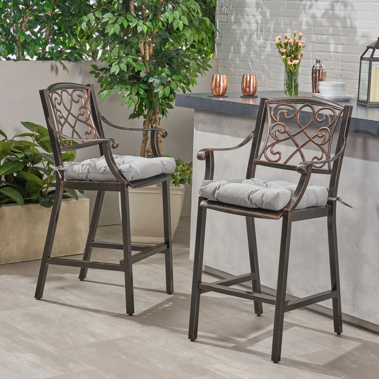 Sherry Outdoor Barstool With Cushion (Set Of 2) - Shiny Copper + Charcoal