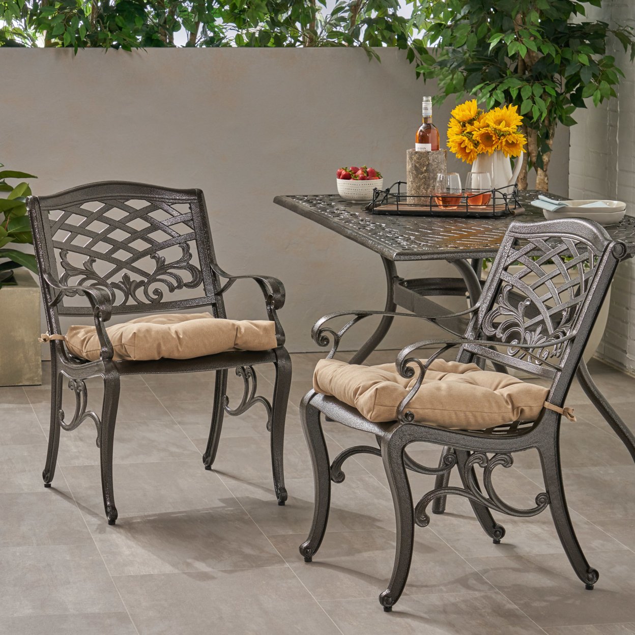 Laura Outdoor Dining Chair With Cushion (Set Of 2) - Hammered Bronze + Tuscany