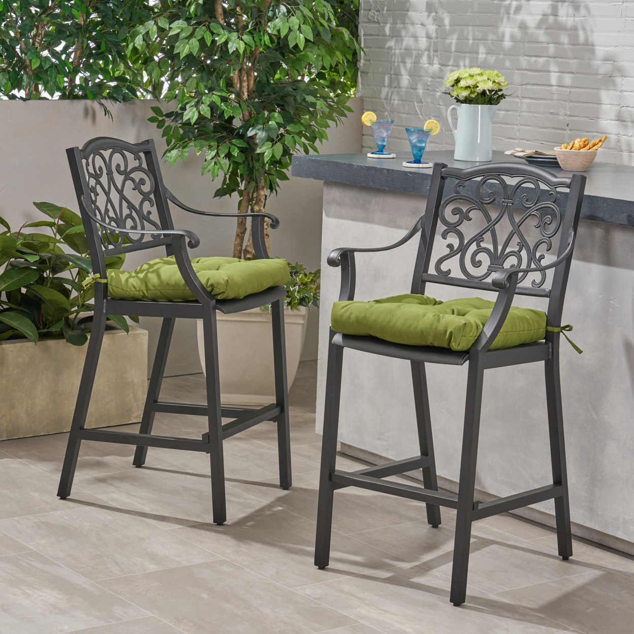 Roberta Outdoor Barstool With Cushion (Set Of 2) Antique Matte Black And Charcoal - Antique Matte Black + Charcoal
