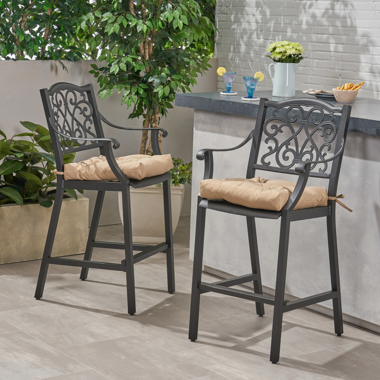 Roberta Outdoor Barstool With Cushion (Set Of 2) Antique Matte Black And Charcoal - Antique Matte Black + Tuscany