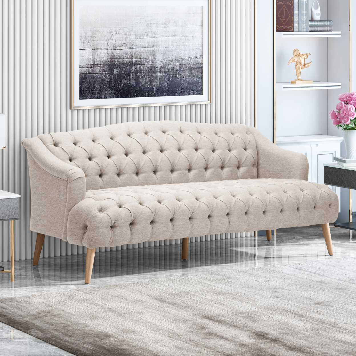 Erin Contemporary Tufted Fabric 3 Seater Sofa - Beige + Natural Finish