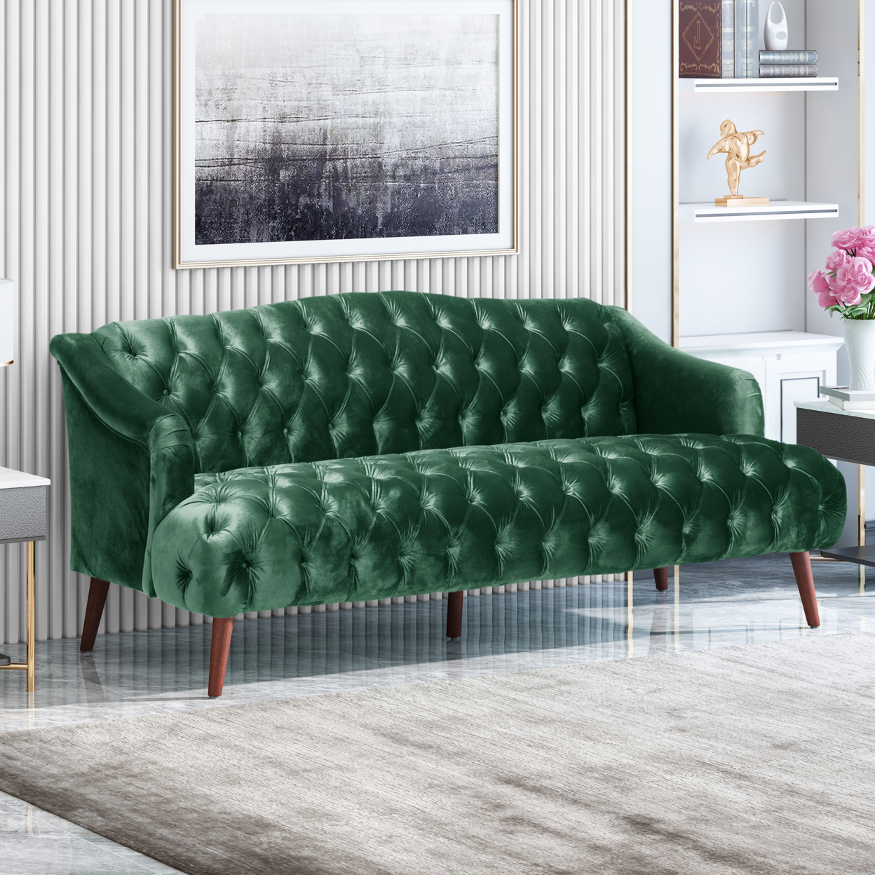 Esther Modern Glam Tufted Velvet 3 Seater Sofa - Emerald + Walnut Finish