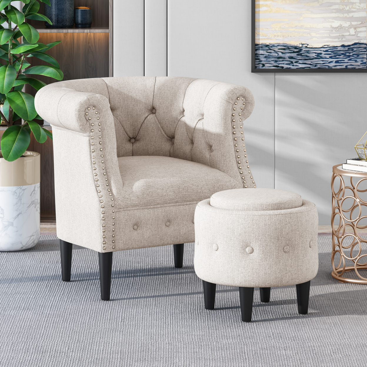 Leila Petite Tufted Fabric Chair And Ottoman Set - Beige + Dark Brown