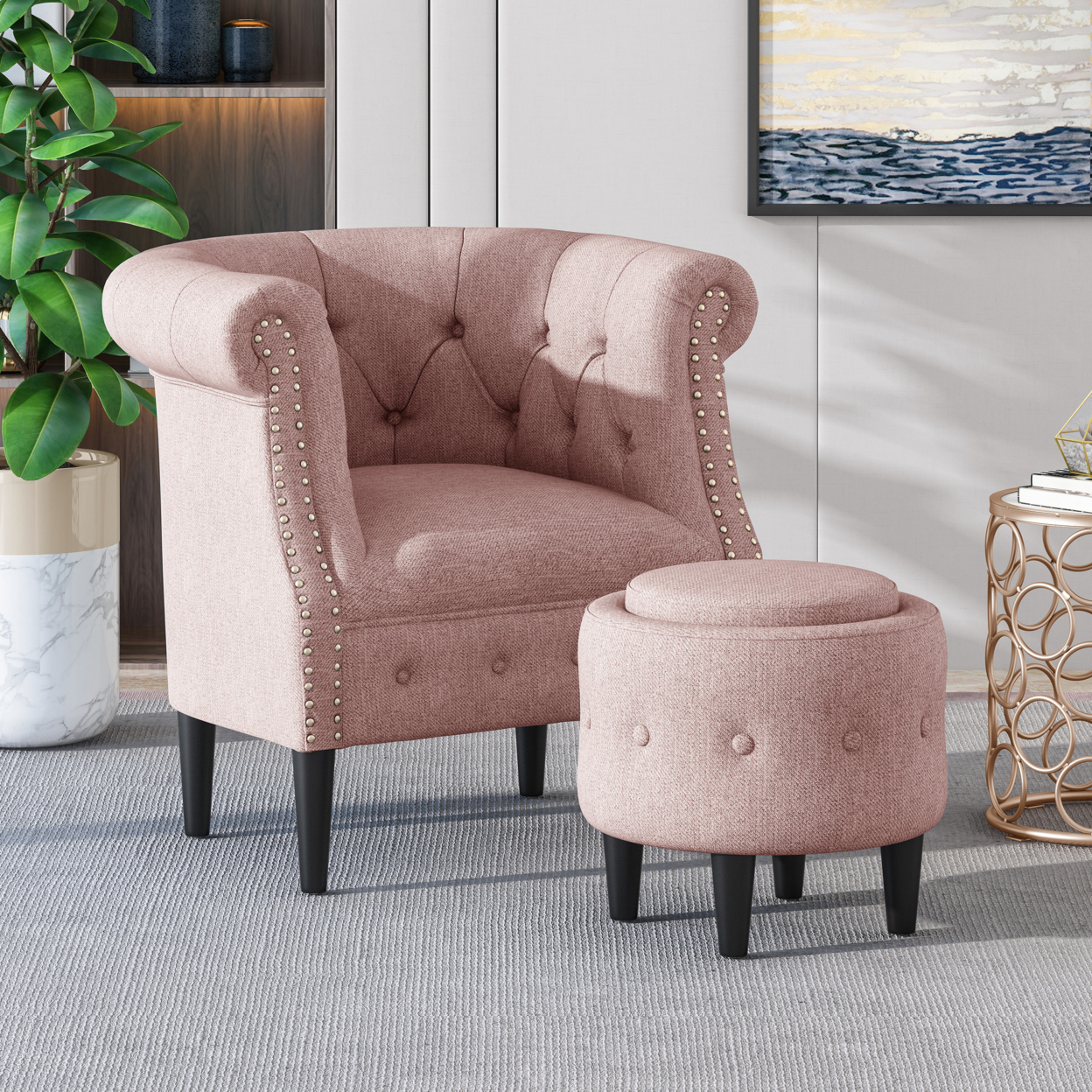 Leila Petite Tufted Fabric Chair And Ottoman Set - Light Blush + Dark Brown