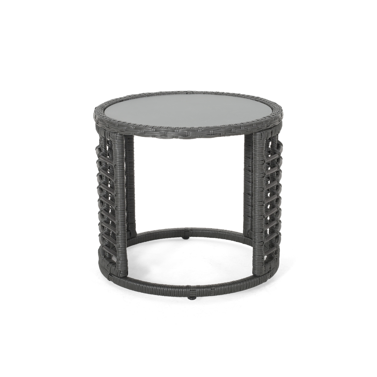 Amanda Outdoor Modern Boho Wicker Side Table With Tempered Glass Top - Gray