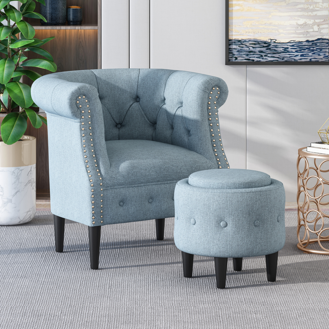 Leila Petite Tufted Fabric Chair And Ottoman Set - Light Blue + Dark Brown