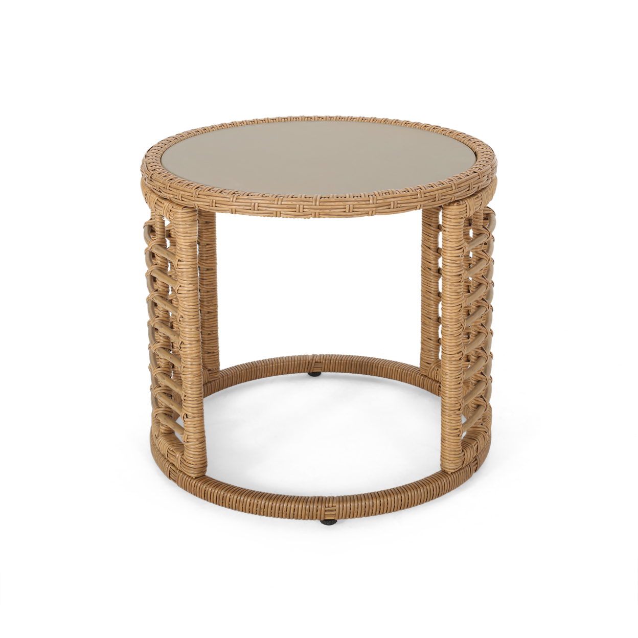 Amanda Outdoor Modern Boho Wicker Side Table With Tempered Glass Top - Light Brown