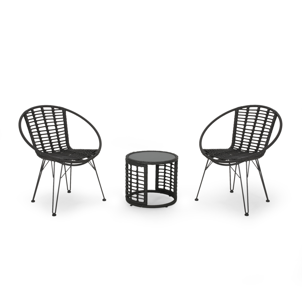 Carrie Outdoor Modern Boho 2 Seater Wicker Chat Set With Side Table - Gray + Black