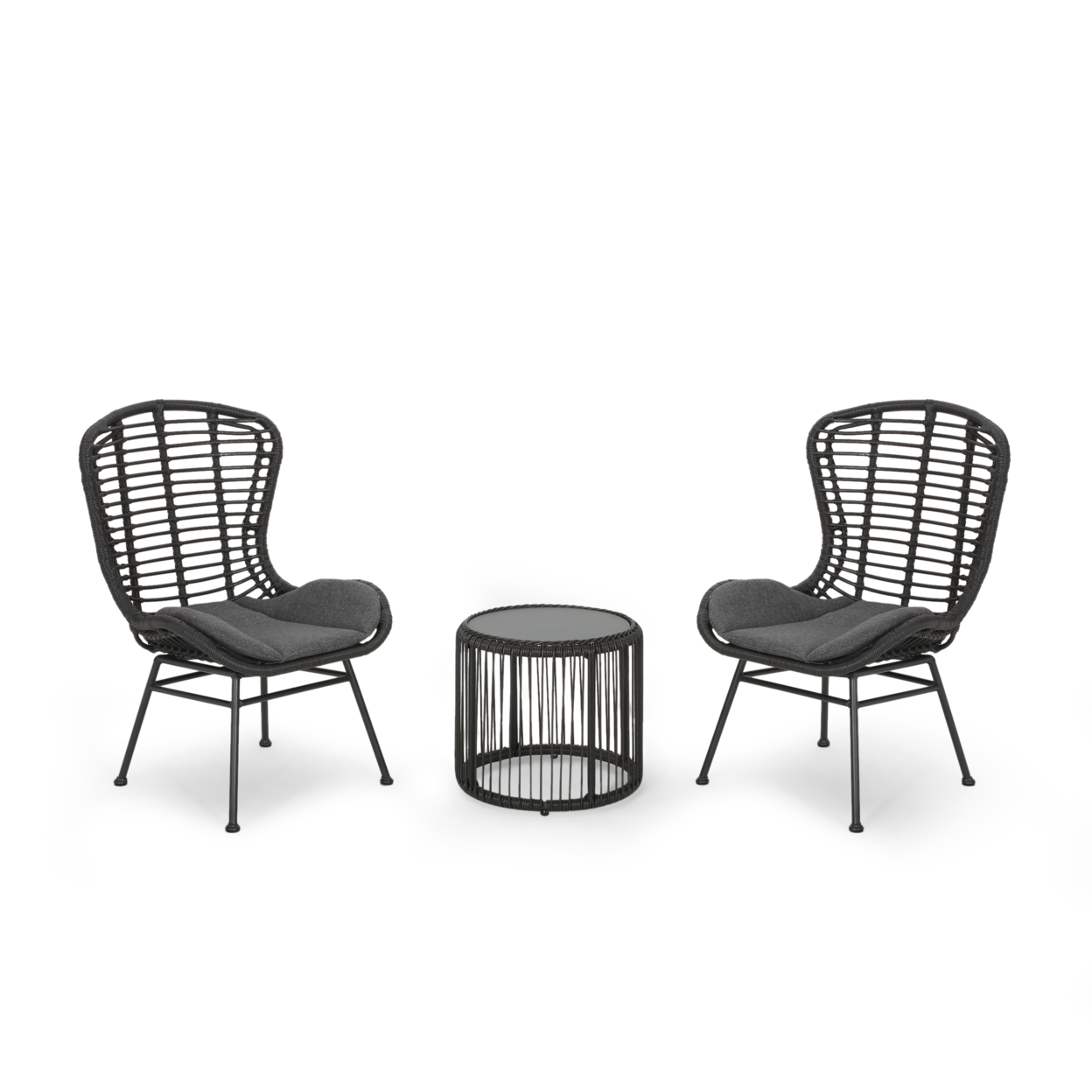 Daisy Outdoor Modern Boho 2 Seater Wicker Chat Set With Side Table - Gray + Black + Dark Gray