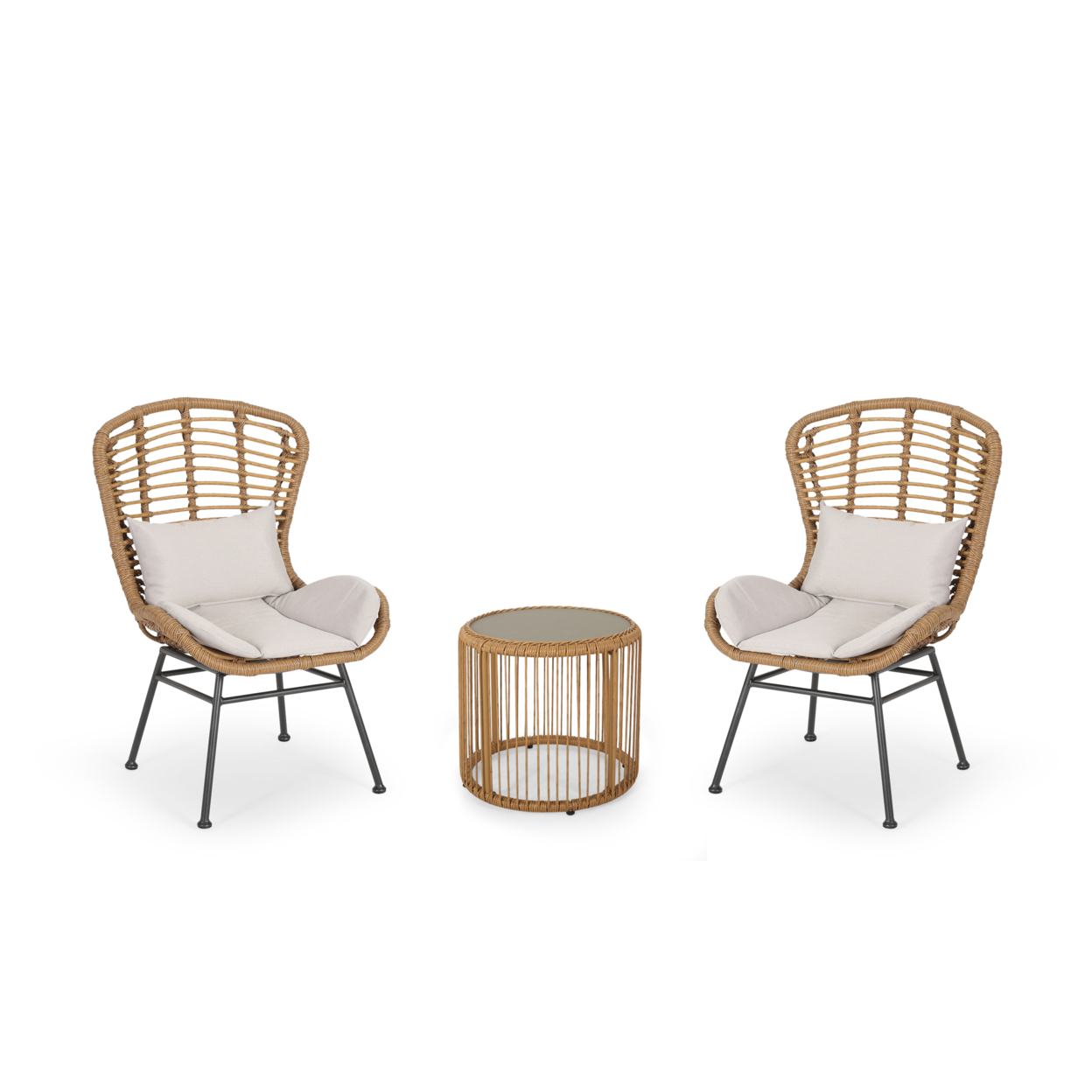Daisy Outdoor Modern Boho 2 Seater Wicker Chat Set With Side Table - Light Brown + Black + Beige
