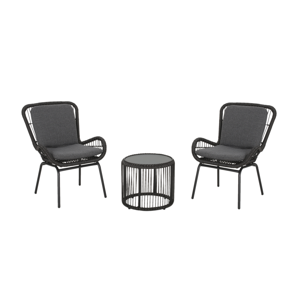 Belle Outdoor Wicker Chat Set With Cushions - Gray + Dark Gray + Black