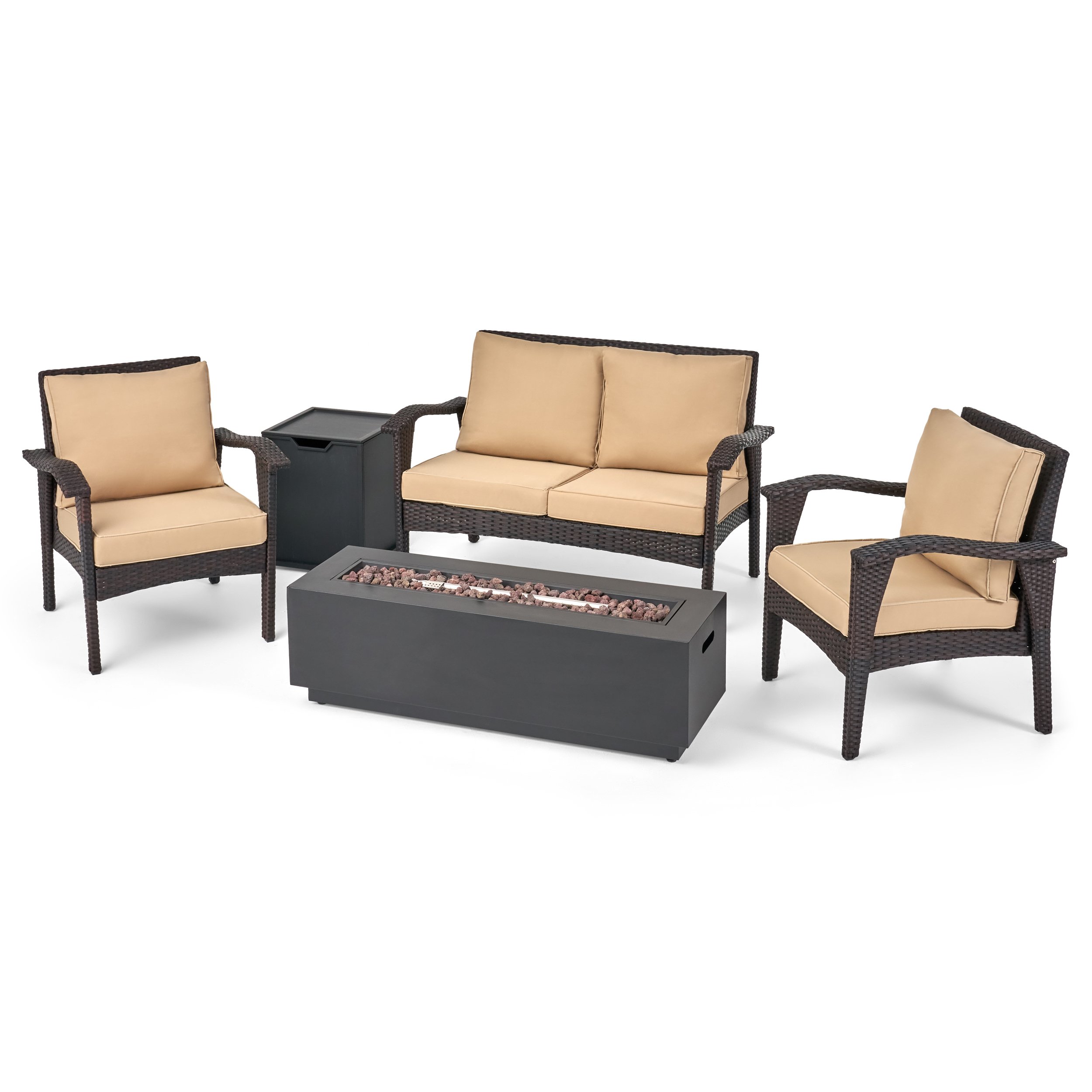 Ophelia Outdoor 4 Seater Wicker Chat Set With Fire Pit - Gray + Light Gray