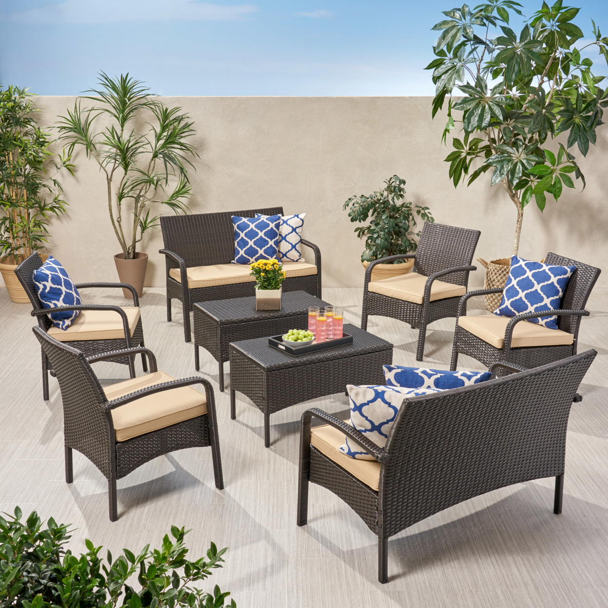 Monica Outdoor 8 Seater Wicker Chat Set With Cushions - Brown + Tan
