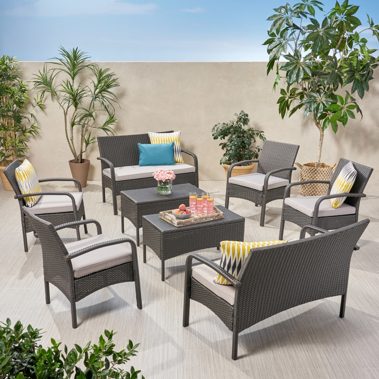 Monica Outdoor 8 Seater Wicker Chat Set With Cushions - Gray + Silver