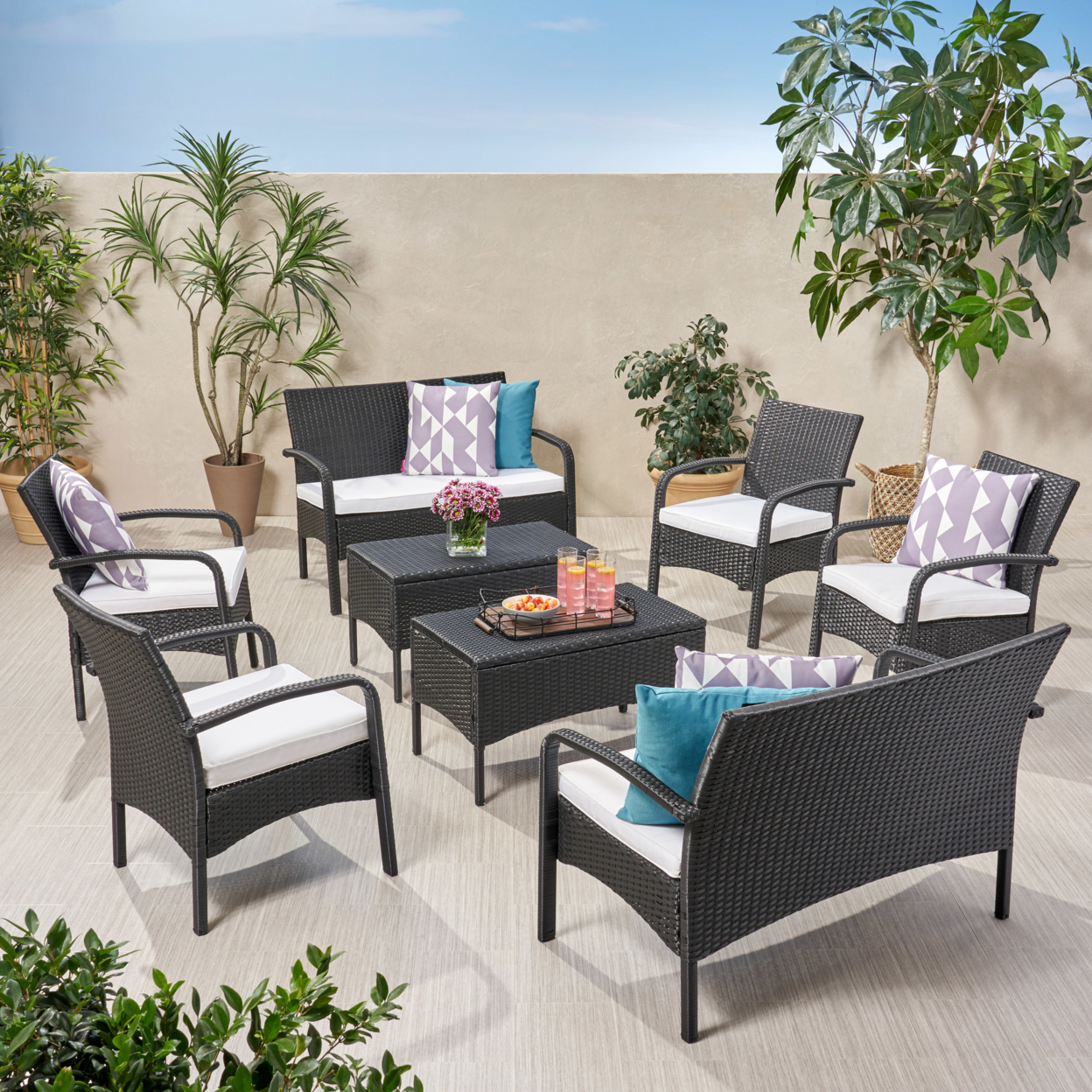 Monica Outdoor 8 Seater Wicker Chat Set With Cushions - Black + White