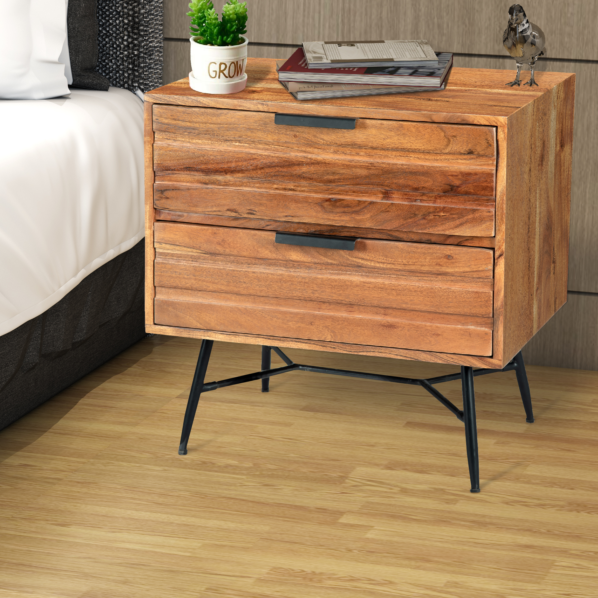 2 Drawer Wooden Nightstand With Metal Angled Legs, Black And Brown- Saltoro Sherpi