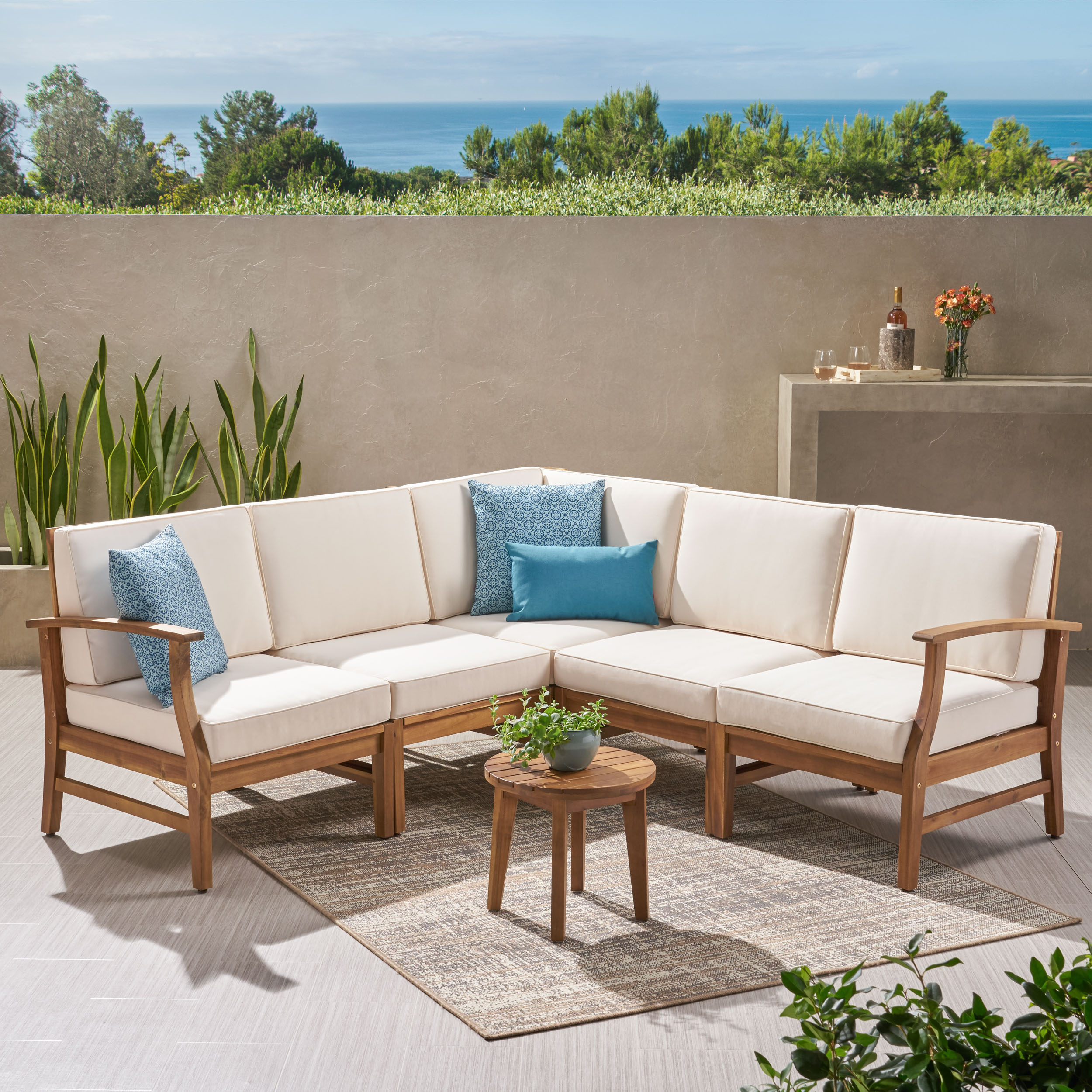 Capri Outdoor 5 Piece Chat Set With Water Resistant Cushions - Cream