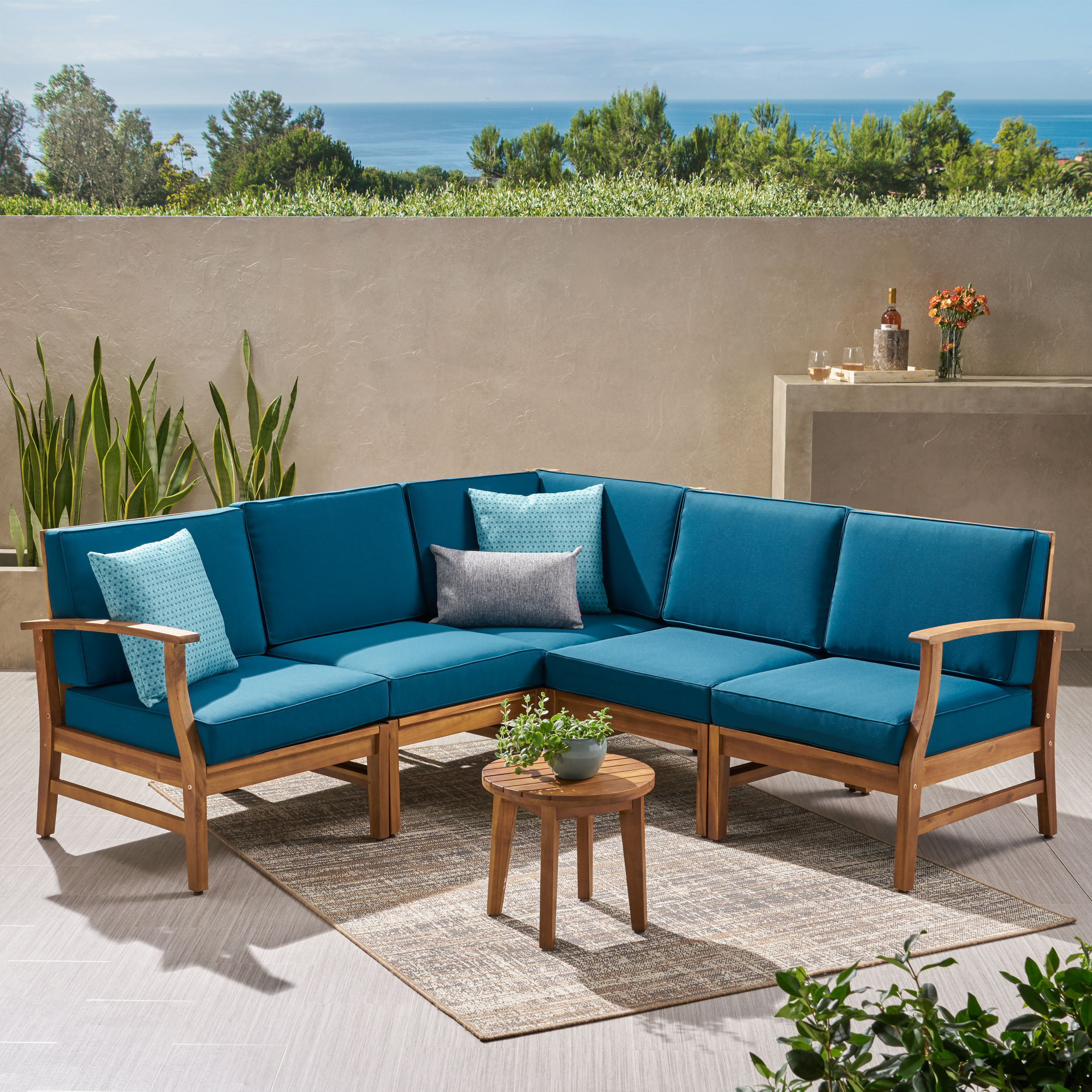 Capri Outdoor 5 Piece Chat Set With Water Resistant Cushions - Blue