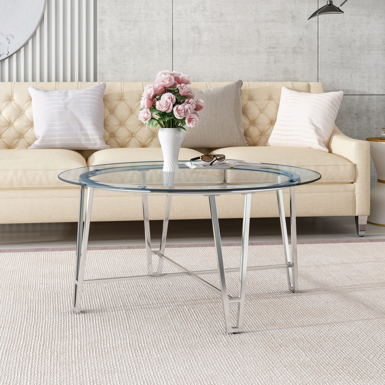 Phoebe Modern Iron Coffee Table With Round Tempered Glass Top