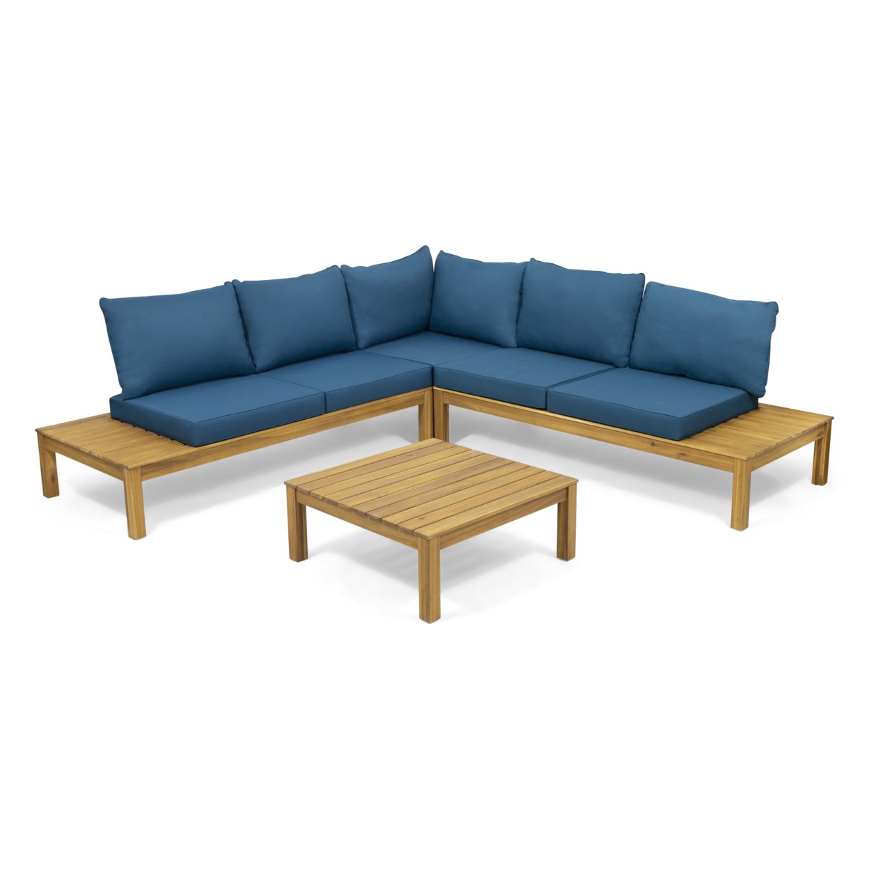 Bunny Outdoor 5 Seater V Shaped Acacia Wood Sectional Sofa Set With Cushions - Teak Finish + Dark Teal