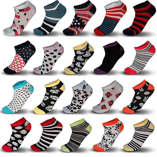 20 Pair: Unisex Premium Quality Printed Socks - Women's No-Show Socks