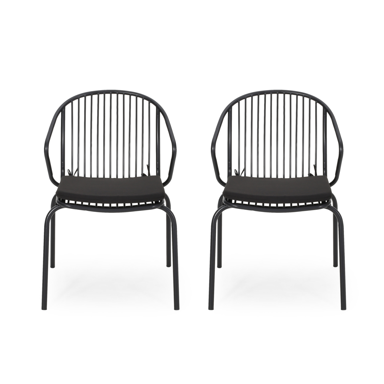 Sarah Outdoor Modern Iron Club Chair With Cushion (Set Of 2) - Matte Black + Black