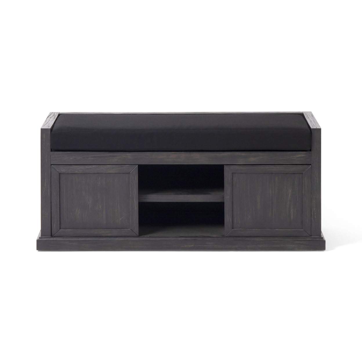 Becky Modern Acacia Wood Storage Bench With Cushion - Sandblast Dark Gray + Black