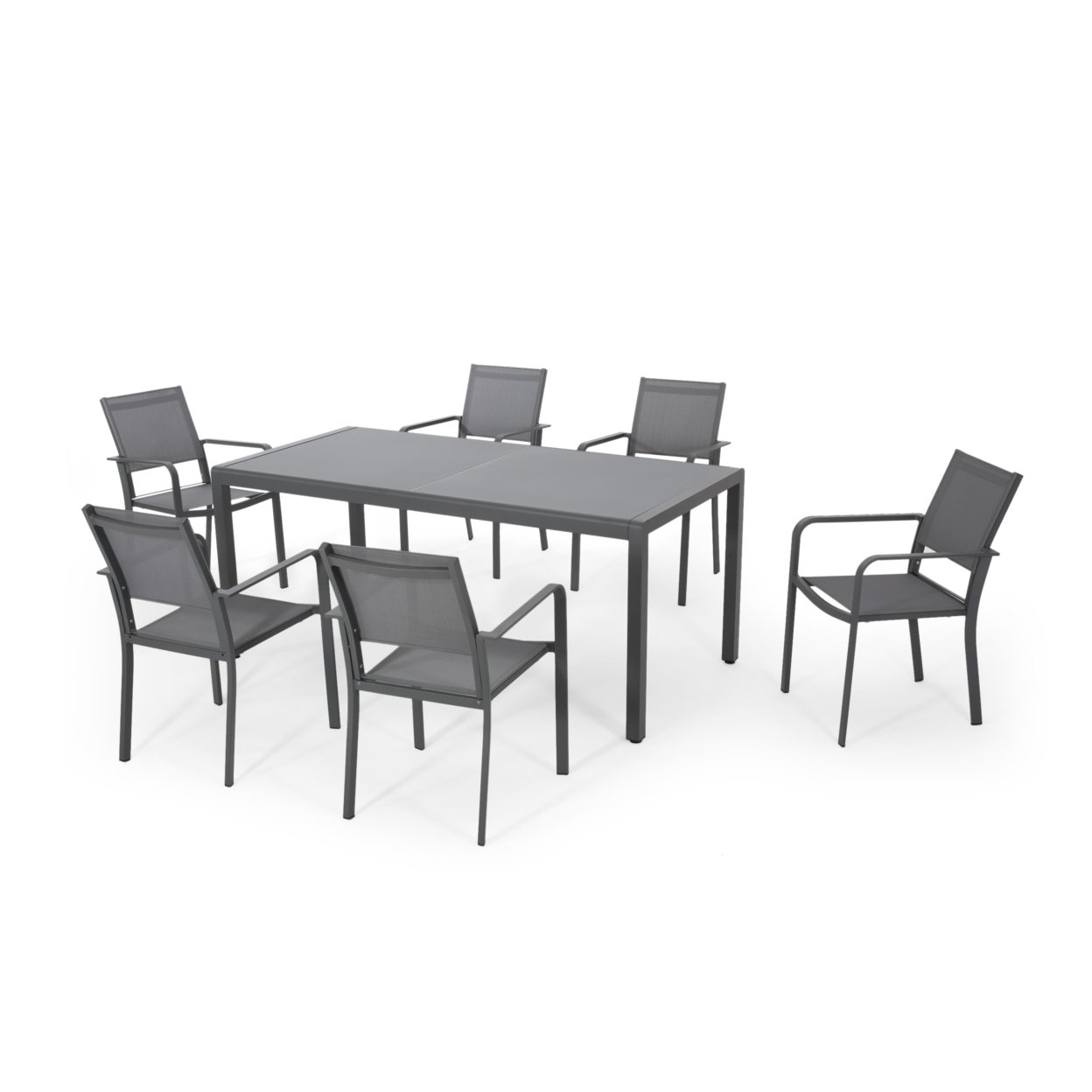 Mirabelle Outdoor 6 Seater Aluminum Dining Set with Tempered Glass Table Top - gun metal gray + dark gray