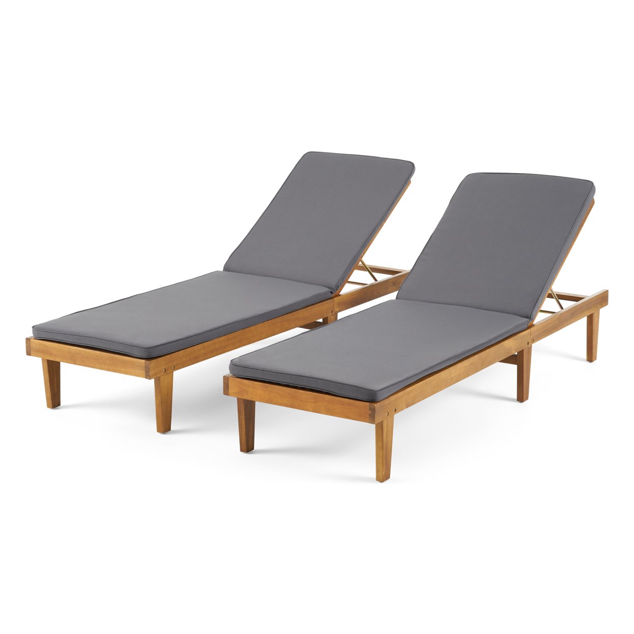 Madge Oudoor Modern Acacia Wood Chaise Lounge With Cushion (Set Of 2) - Teak Finish + Dark Gray