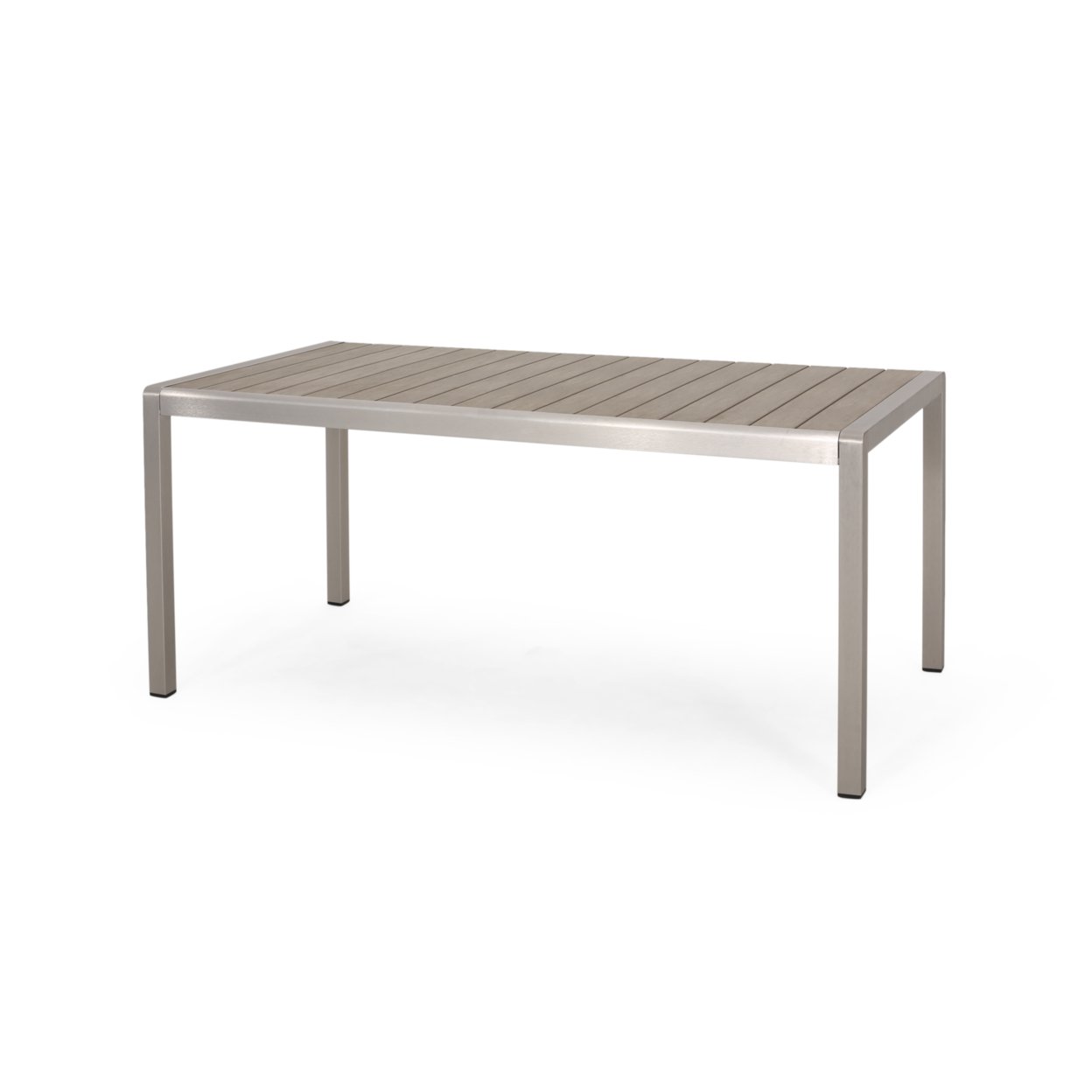 Hannah Outdoor Modern Aluminum Dining Table With Faux Wood Table Top - Natural Finish + Silver