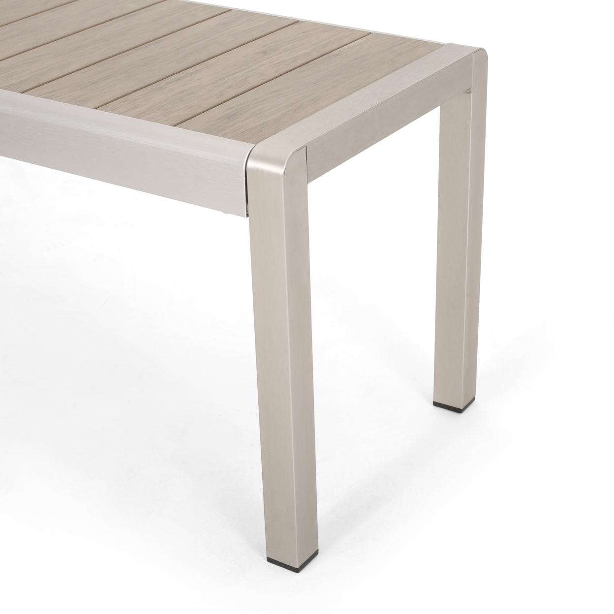 Odelia Outdoor Modern Aluminum Dining Bench With Faux Wood Seat - Natural Finish + Silver