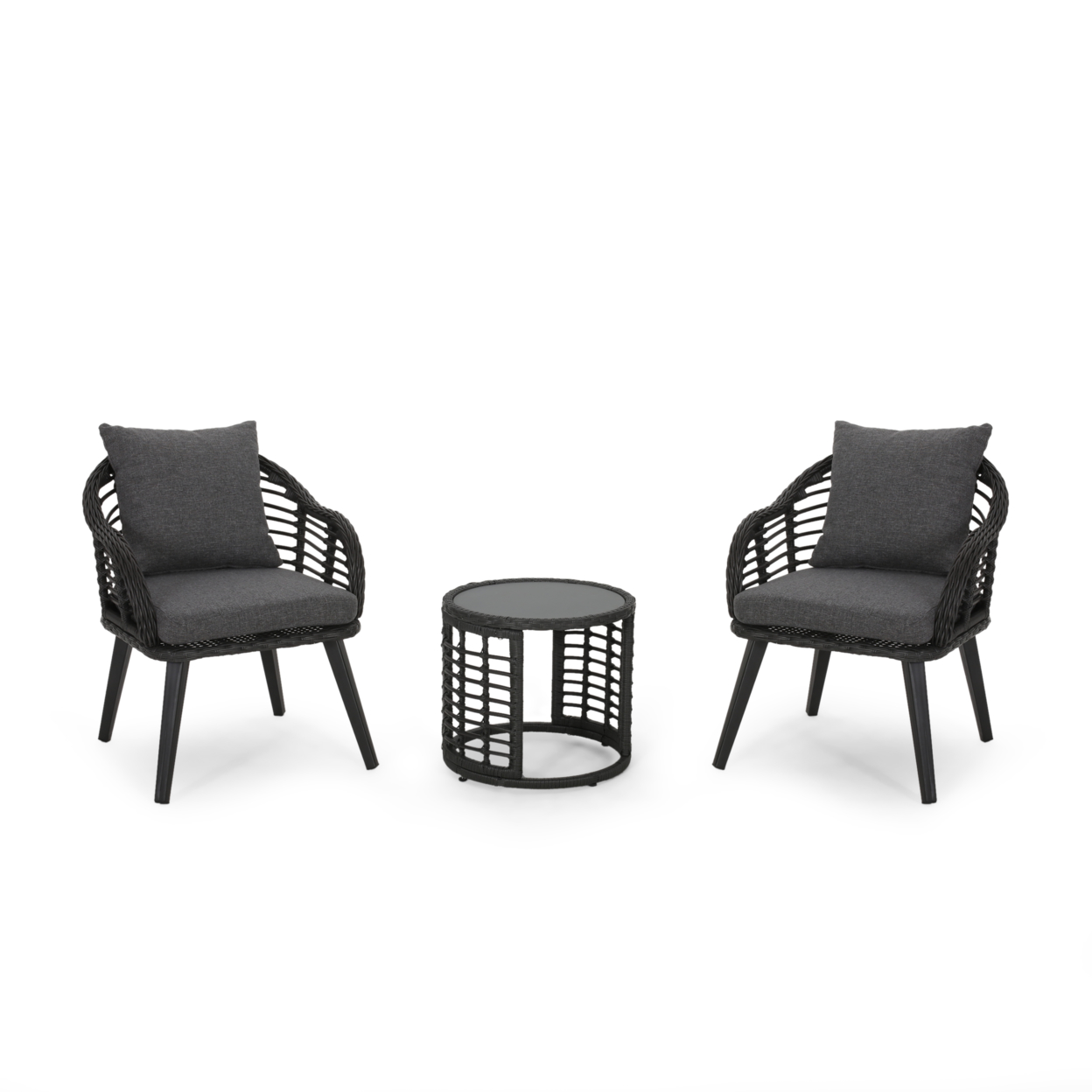 Cassie Outdoor Modern Boho 2 Seater Wicker Chat Set With Side Table - Gray + Black