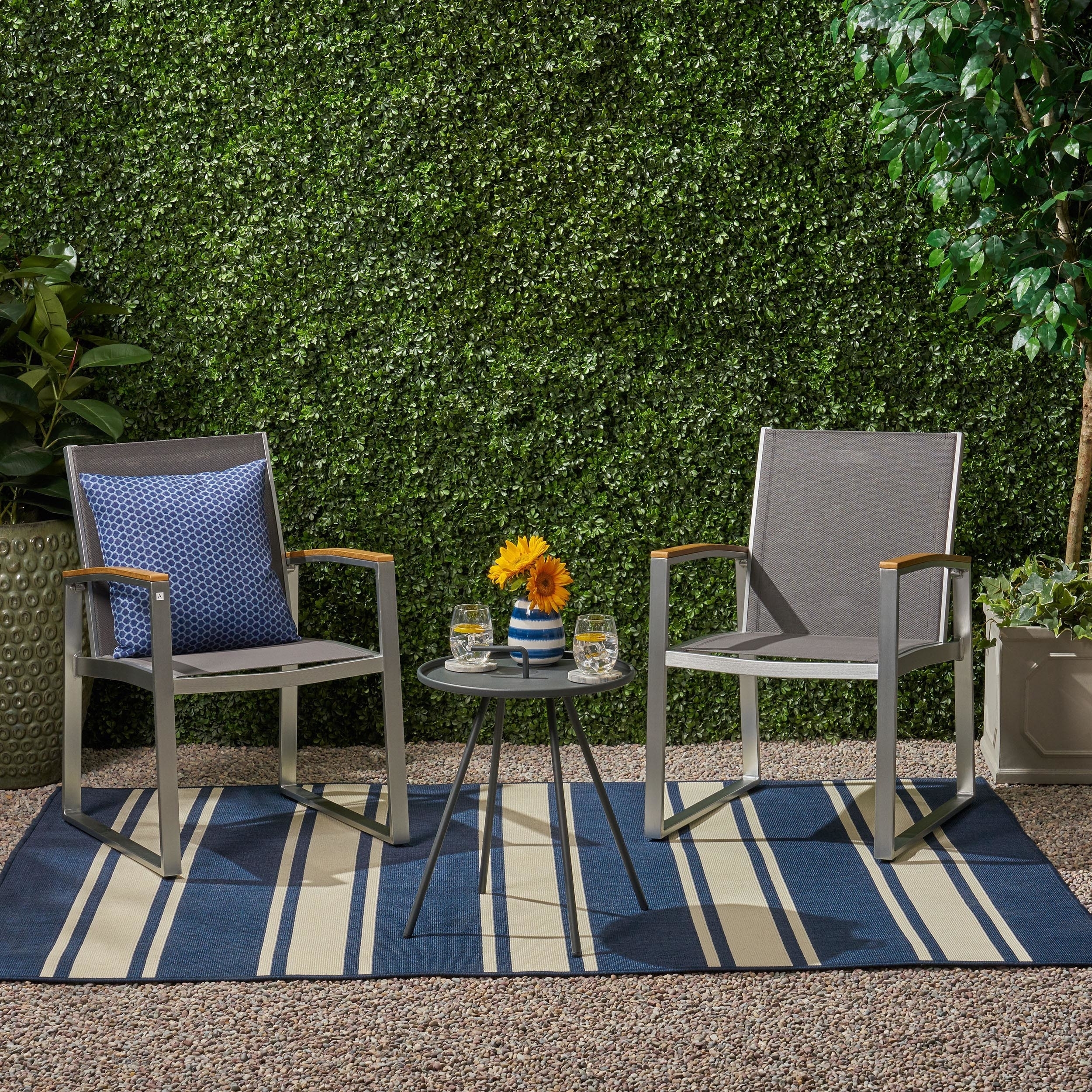 Eunice Outdoor 2 Seater Aluminum And Mesh Chat Set - Silver, Gray, Natural