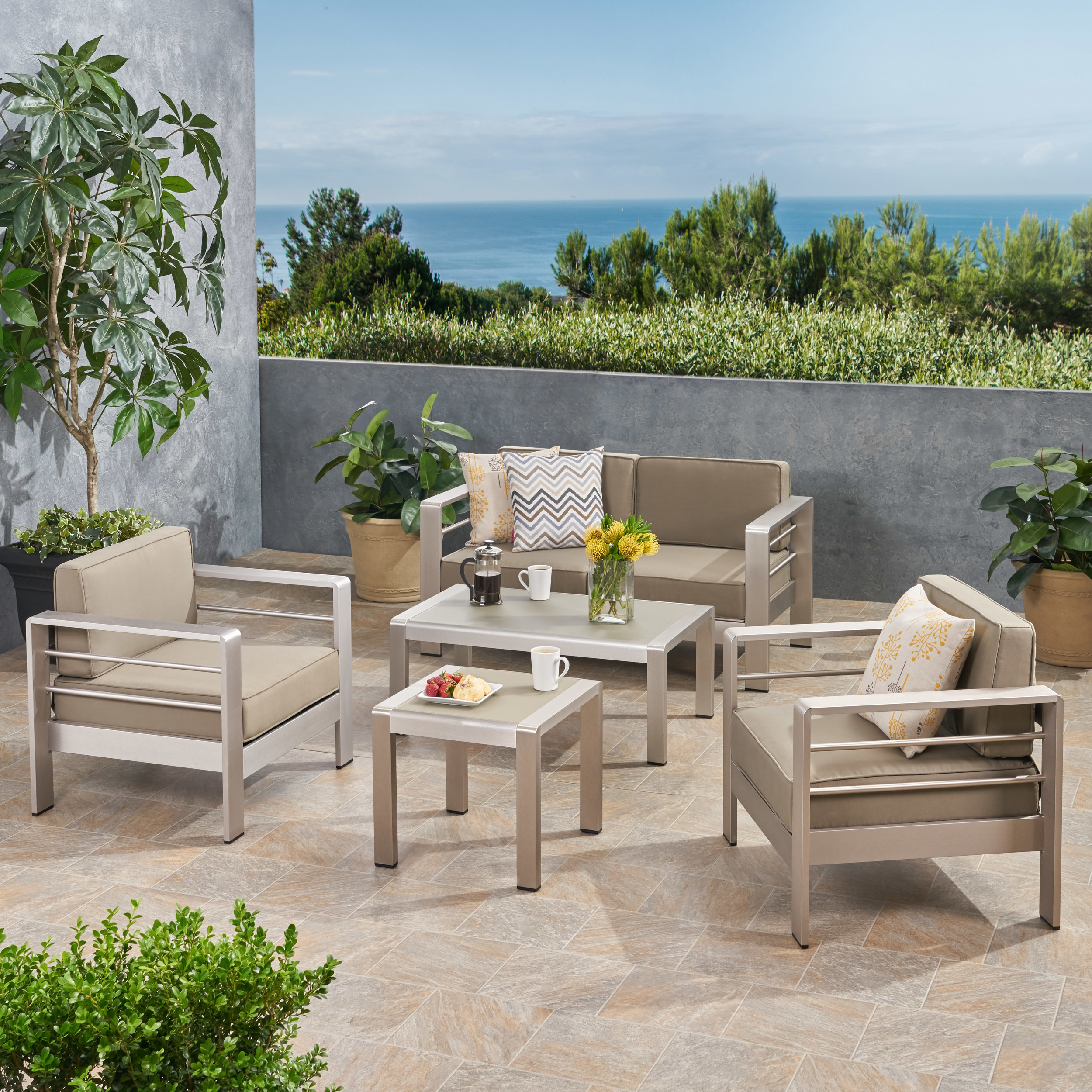 Yolanda Coral Outdoor 4 Seater Aluminum Chat Set With Side Table - Silver, Khaki
