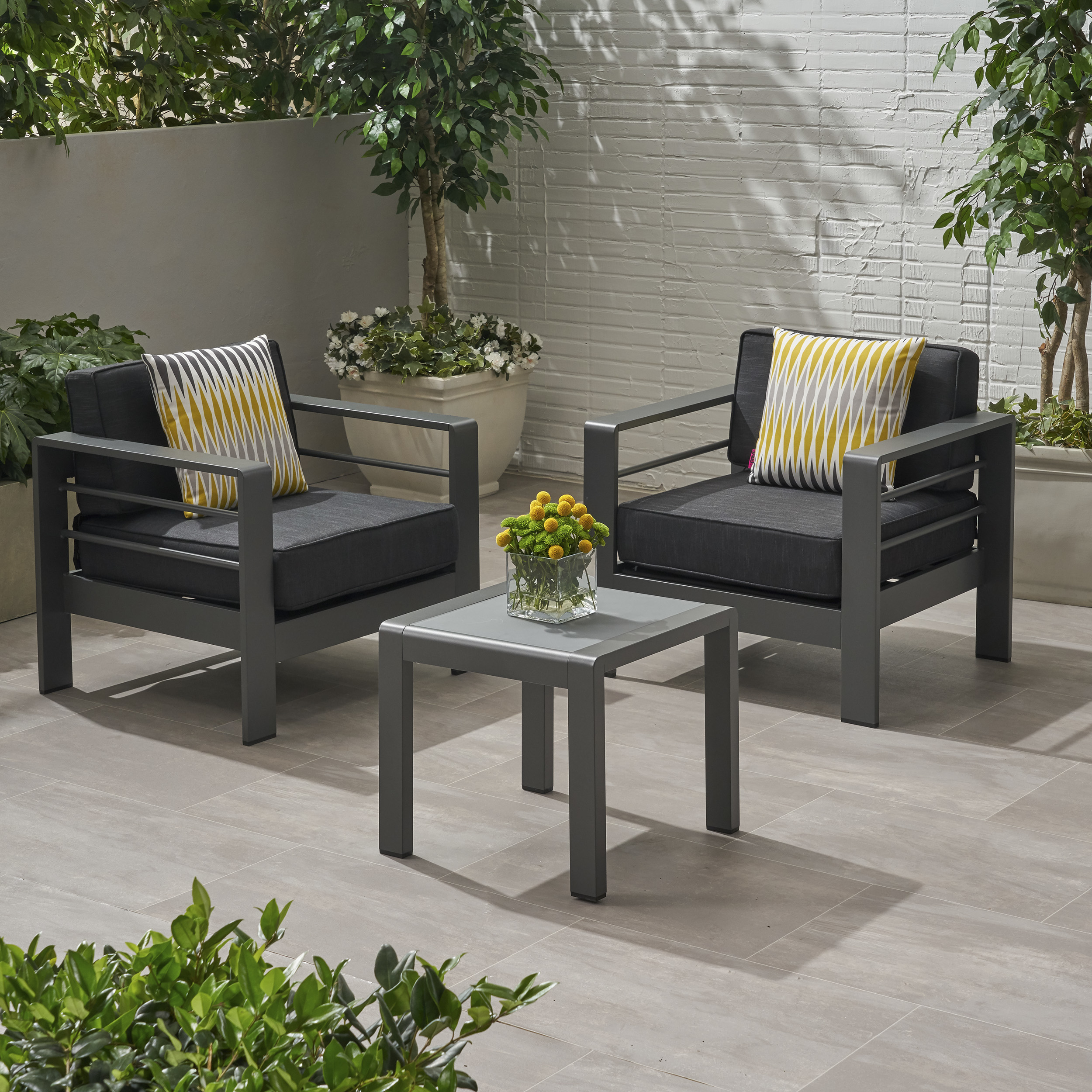 Shirley Coral Outdoor 2 Seater Club Chair And Table Set - Gray, Dark Gray