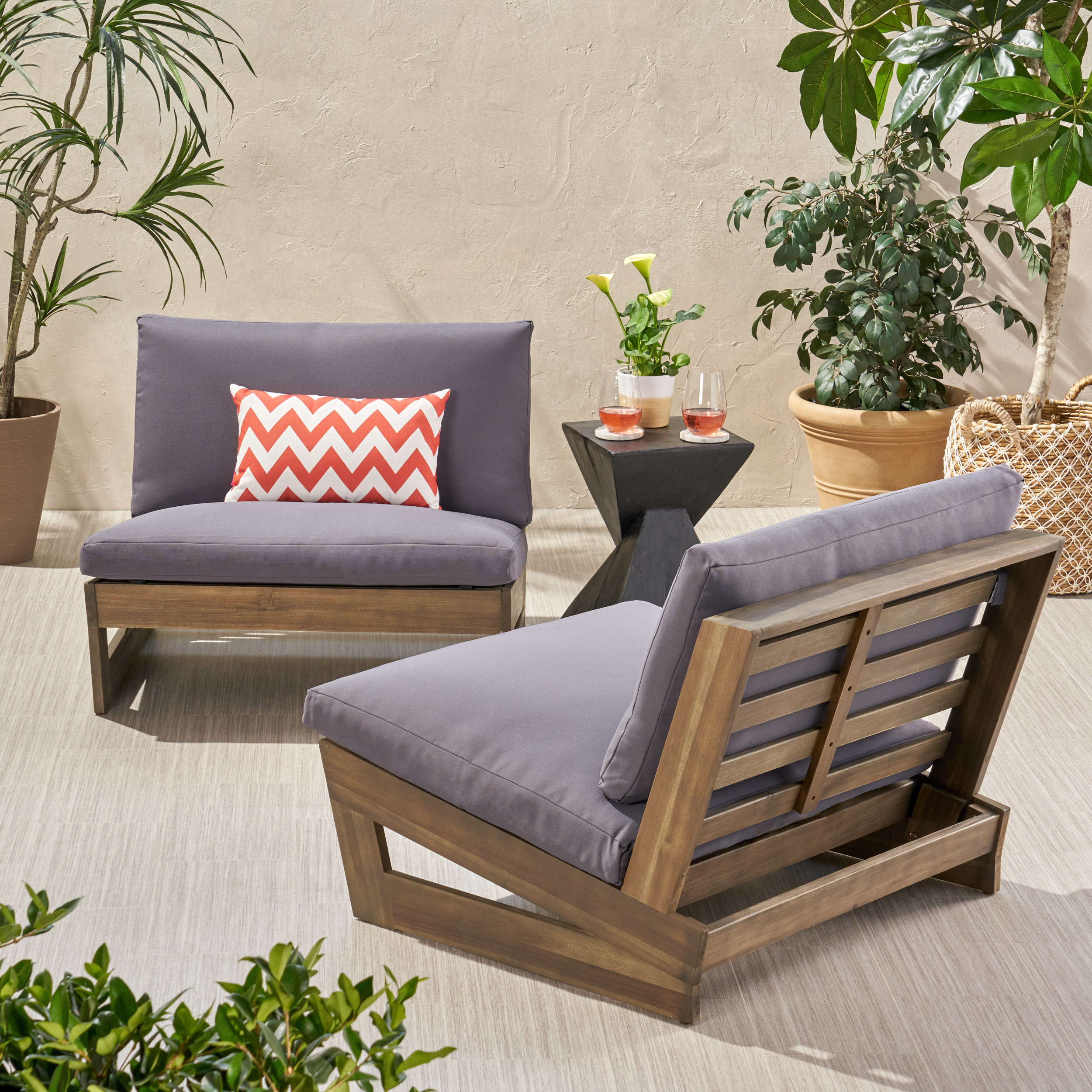 Emma Outdoor Acacia Wood Club Chairs With Cushions (Set Of 2) - Gray Finish, Dark Gray