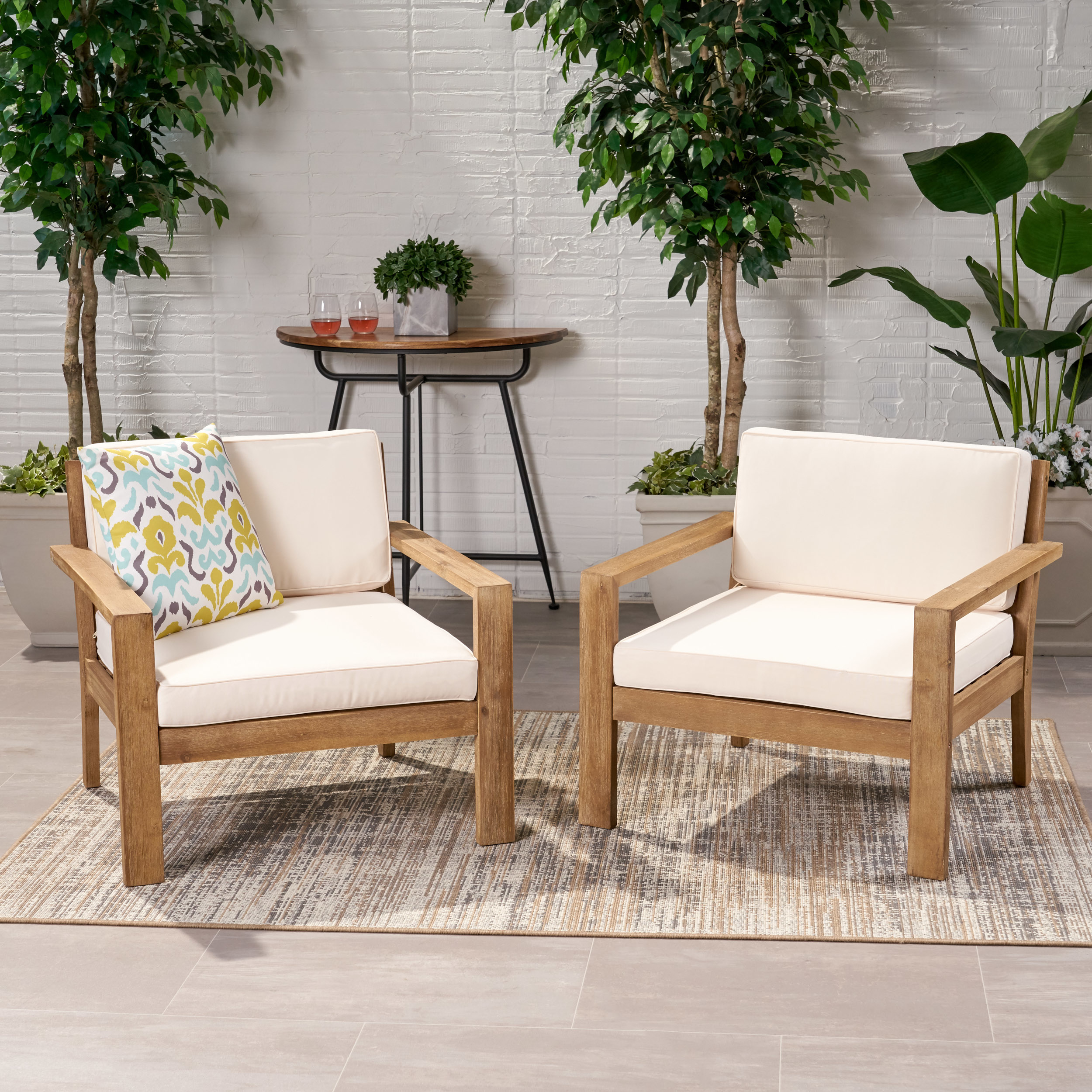 Miranda Outdoor Acacia Wood Club Chairs With Cushions (Set Of 2) - Brushed Light Brown Finish, Cream
