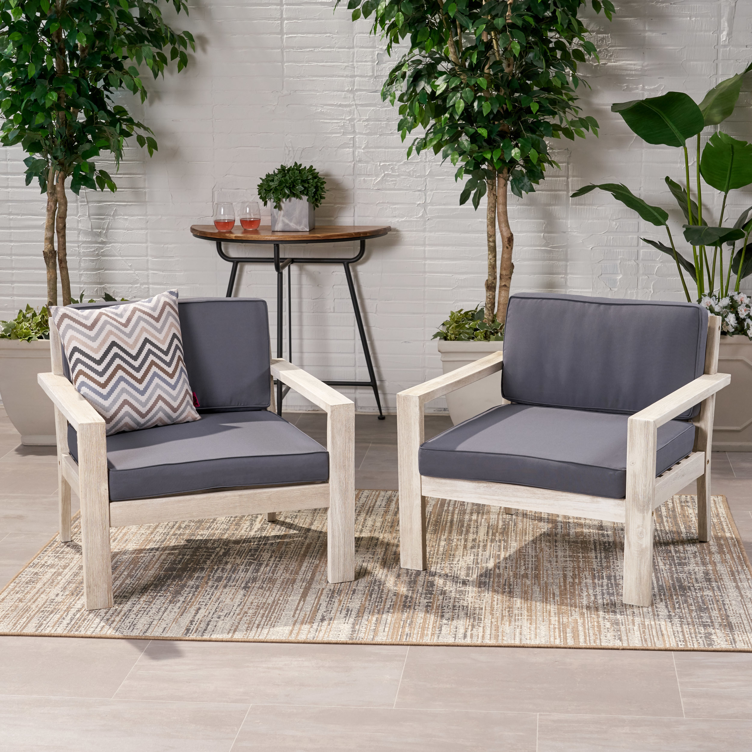 Beryl Outdoor Acacia Wood Club Chairs With Cushions (Set Of 2) - Brushed Light Gray Wash, Dark Gray