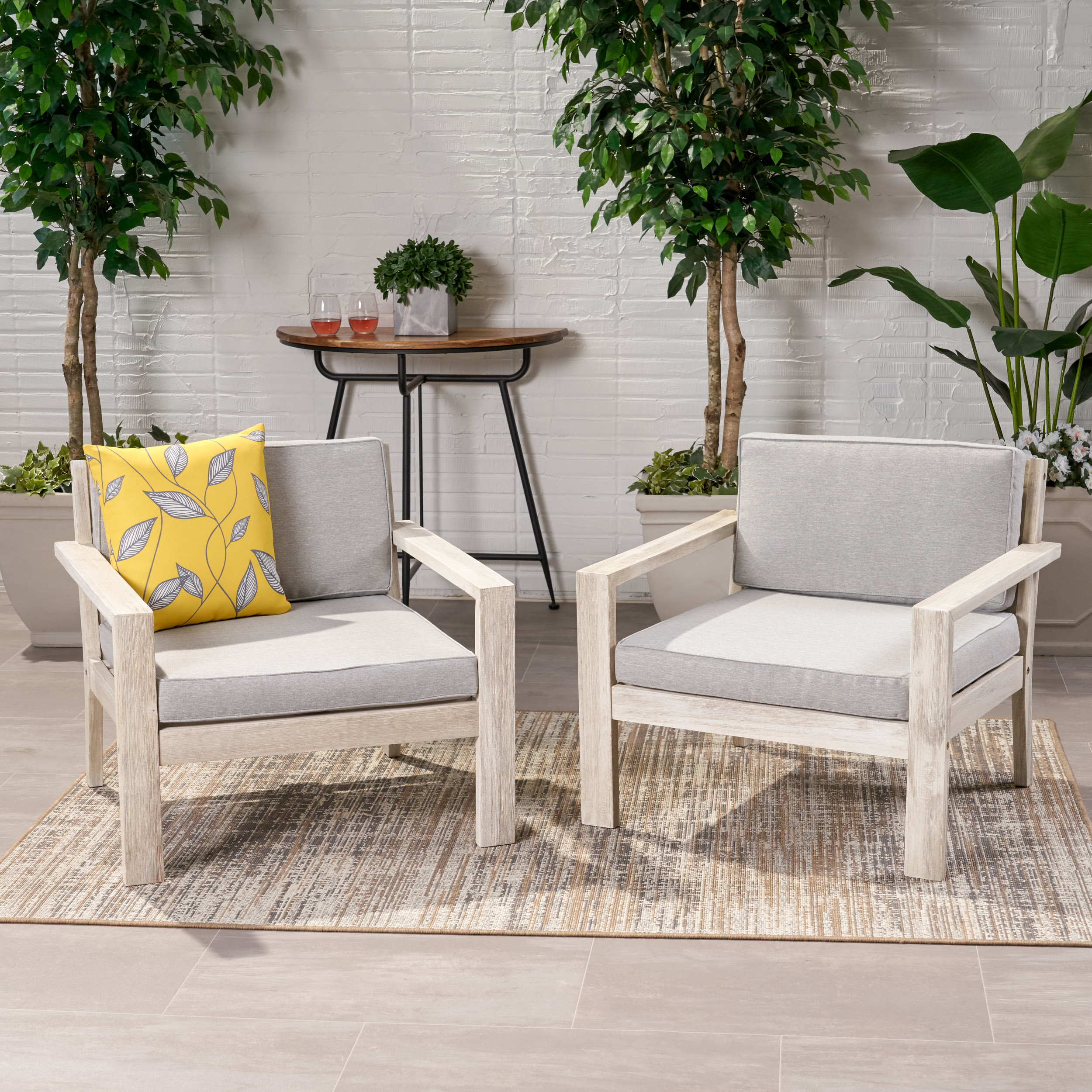 Beryl Outdoor Acacia Wood Club Chairs With Cushions (Set Of 2) - Brushed Light Gray Wash, Cream