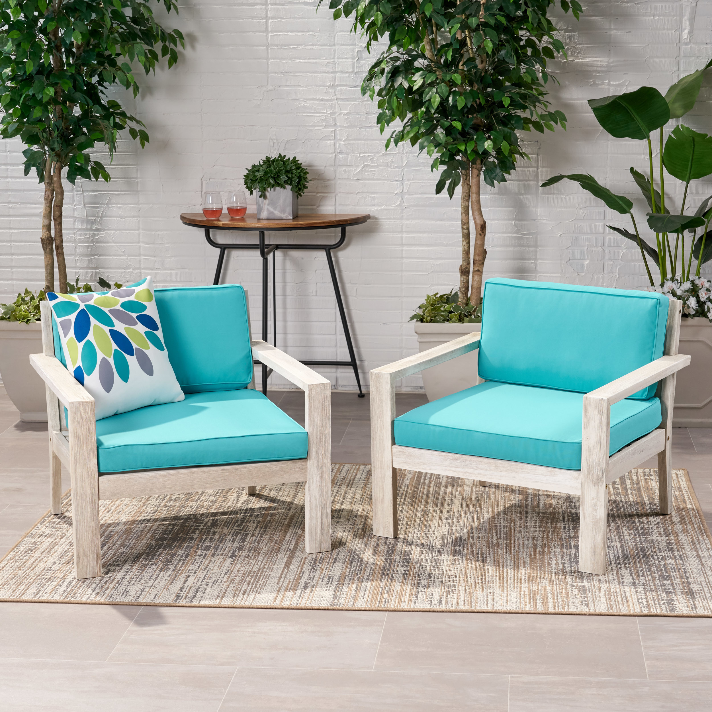 Beryl Outdoor Acacia Wood Club Chairs With Cushions (Set Of 2) - Brushed Light Gray Wash, Teal