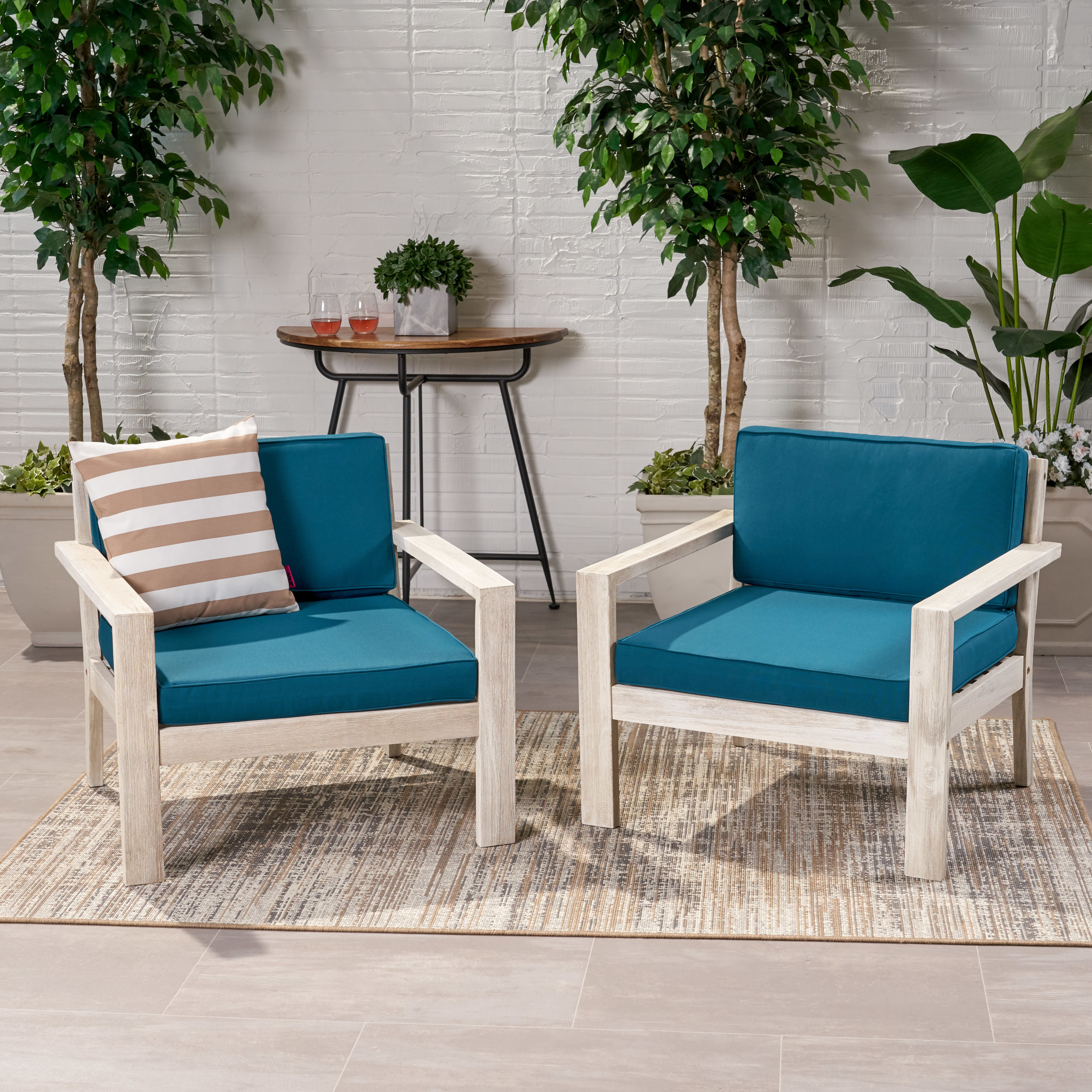 Beryl Outdoor Acacia Wood Club Chairs With Cushions (Set Of 2) - Brushed Light Gray Wash, Dark Teal