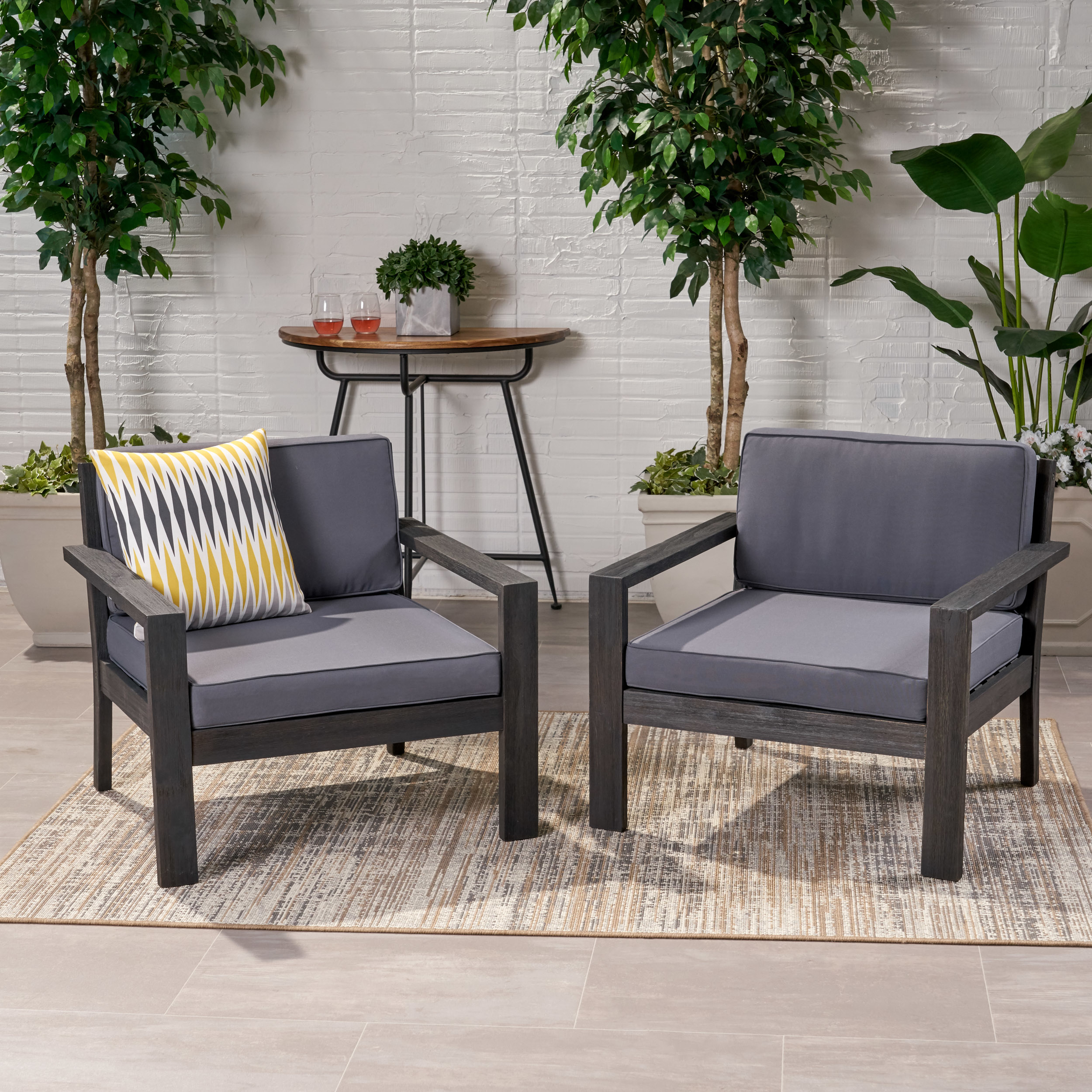 Susan Outdoor Acacia Wood Club Chairs With Cushions (Set Of 2) - Brushed Dark Gray Finish, Dark Gray