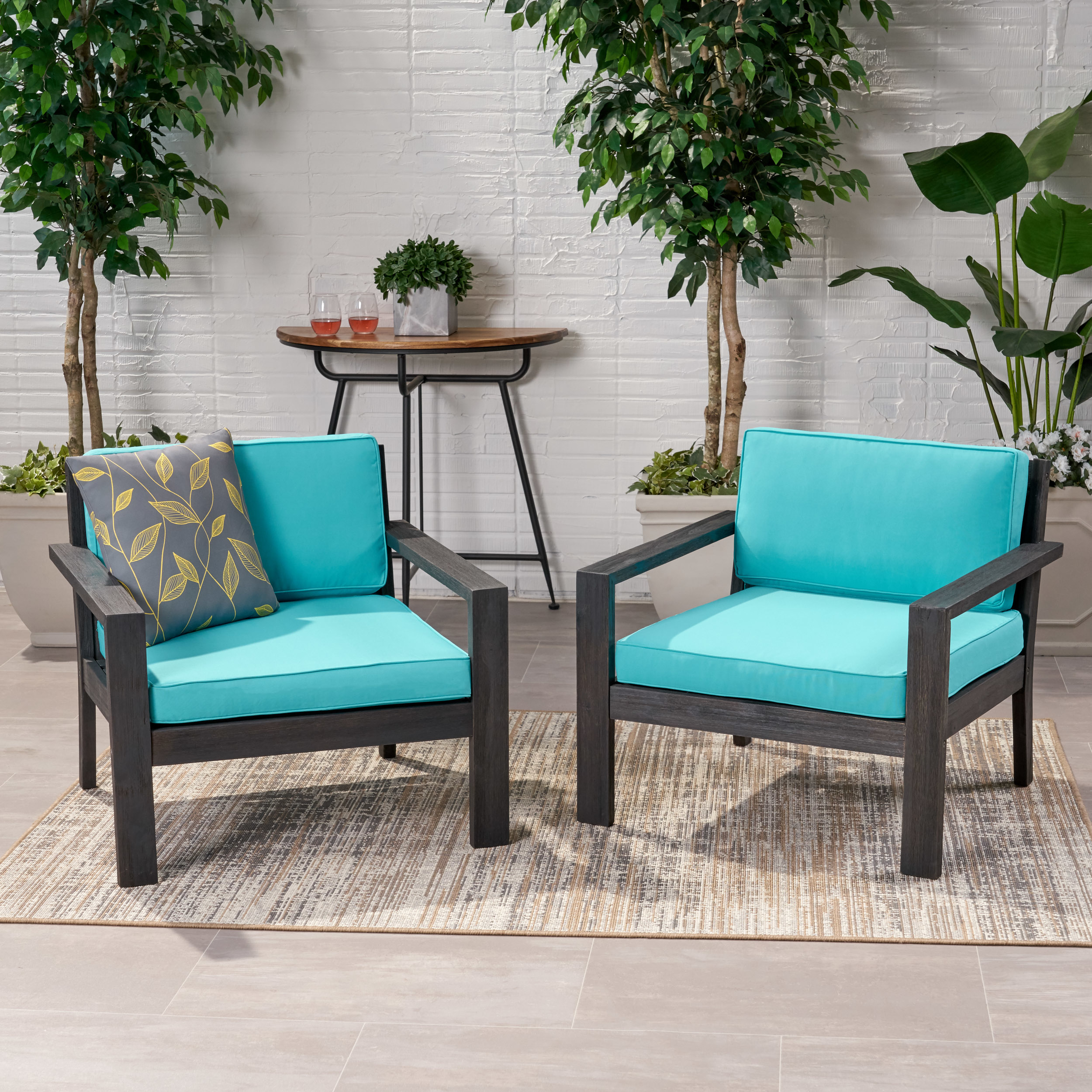 Susan Outdoor Acacia Wood Club Chairs With Cushions (Set Of 2) - Brushed Dark Gray Finish, Teal