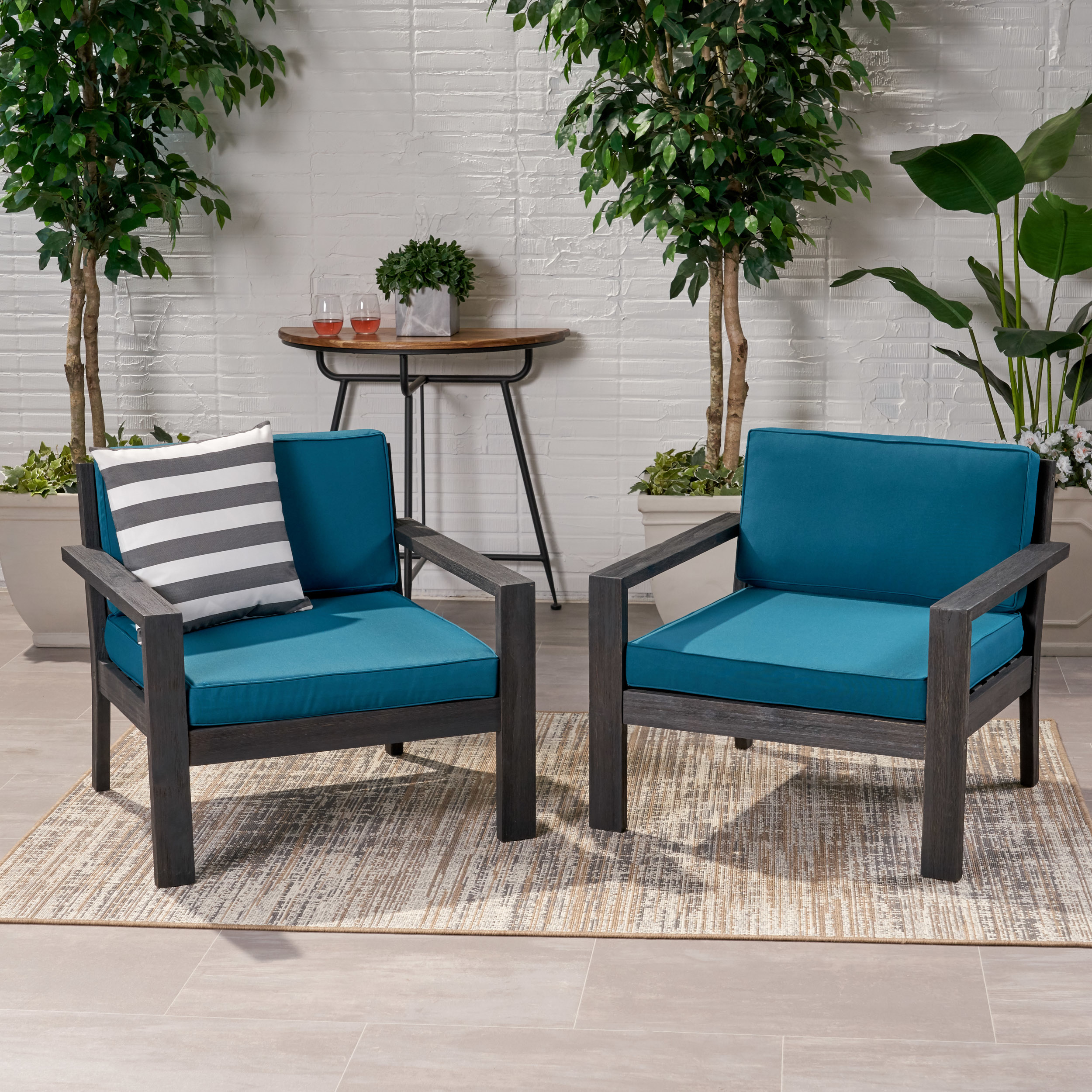 Susan Outdoor Acacia Wood Club Chairs With Cushions (Set Of 2) - Brushed Dark Gray Finish, Dark Teal